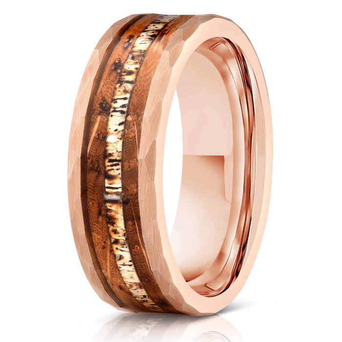 "Zeus" Hammered Ring- Rose Gold with Charred Whiskey Barrel and Antler 6mm/8mm