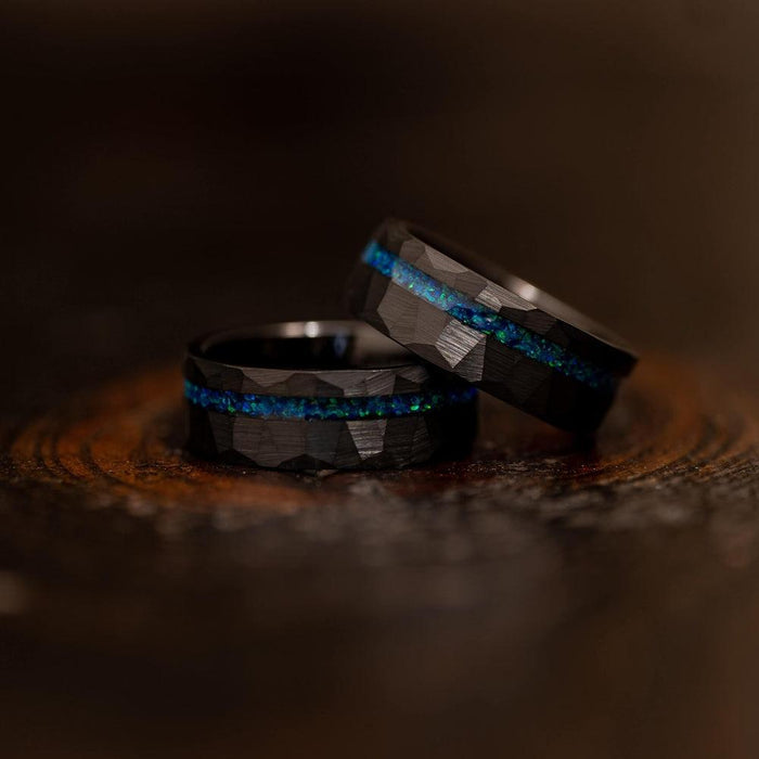 "Zeus" Hammered Tungsten Carbide Ring- Black w/ Blue Opal Strip- 8mm-Rings By Lux