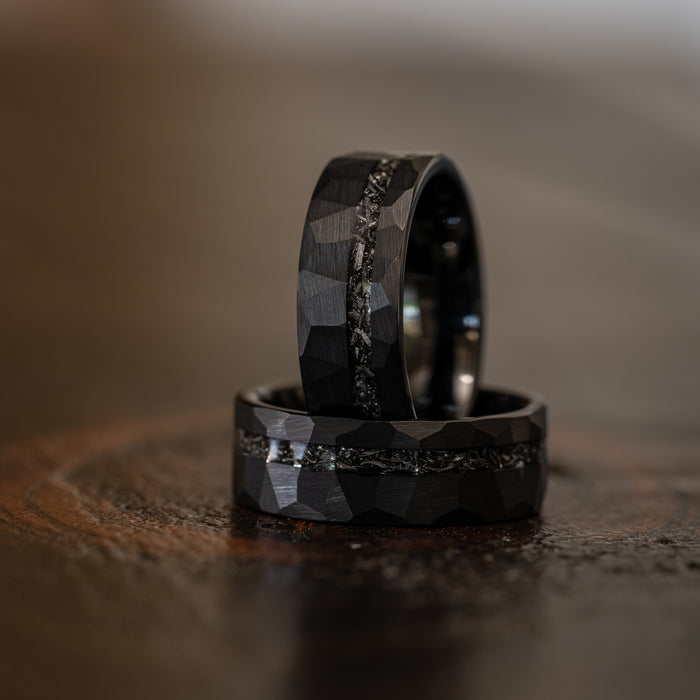 "Zeus" Hammered Tungsten Carbide Ring- Black w/ Meteorite- 8mm