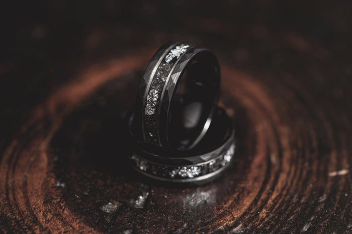 "Zeus" Hammered Tungsten Carbide Ring- Black w/ Meteorite & White Gold Leaf- 6mm/8mm