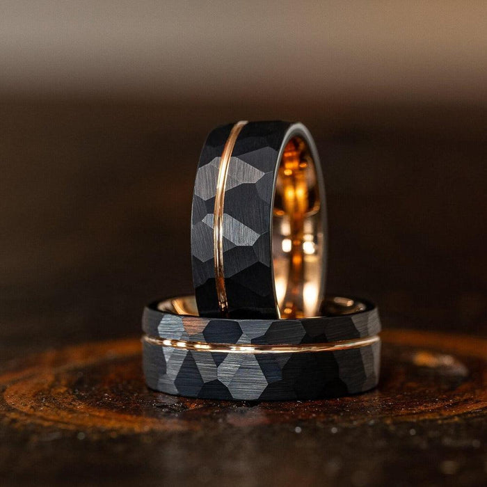 "Zeus" Hammered Tungsten Carbide Ring- Black w/ Rose Gold Strip- 8mm-Rings By Lux