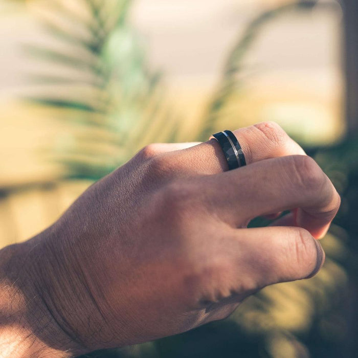 "Zeus" Hammered Tungsten Carbide Ring- Black w/ White Gold Strip- 8mm-Rings By Lux