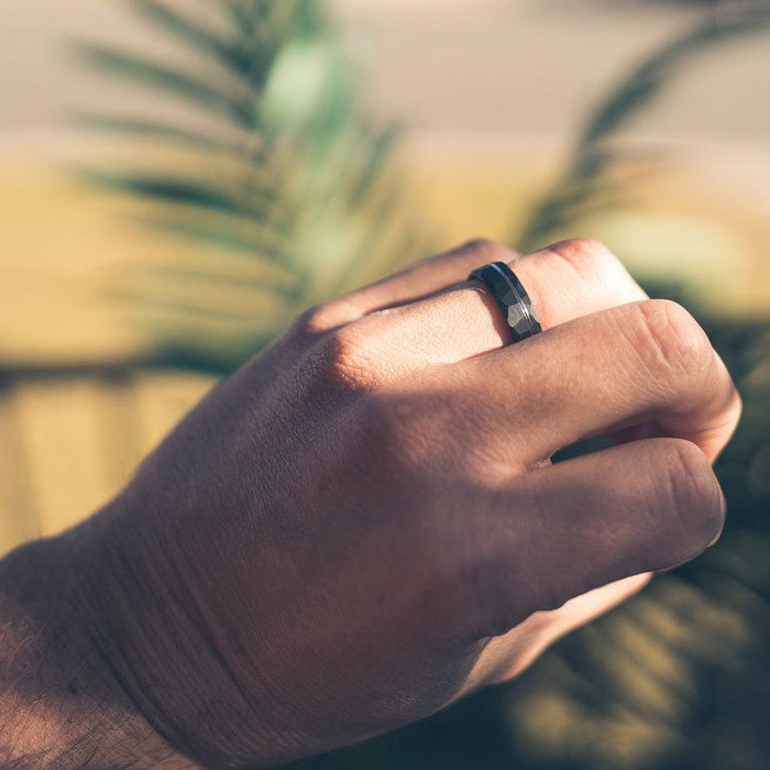 "Zeus" Hammered Tungsten Carbide Ring- Black w/ White Gold Strip- 8mm-Rings By Lux