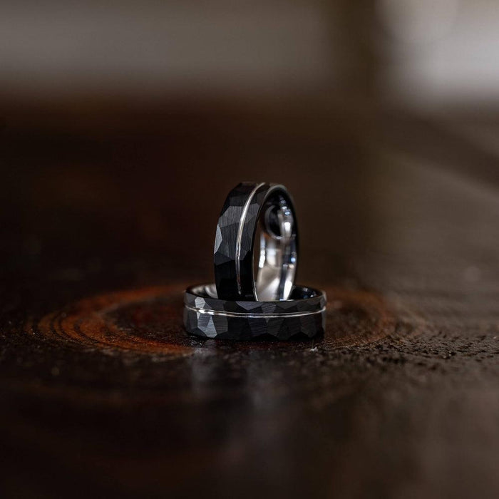 "Zeus" Hammered Tungsten Carbide Ring- Black w/ White Gold Strip- 8mm-Rings By Lux