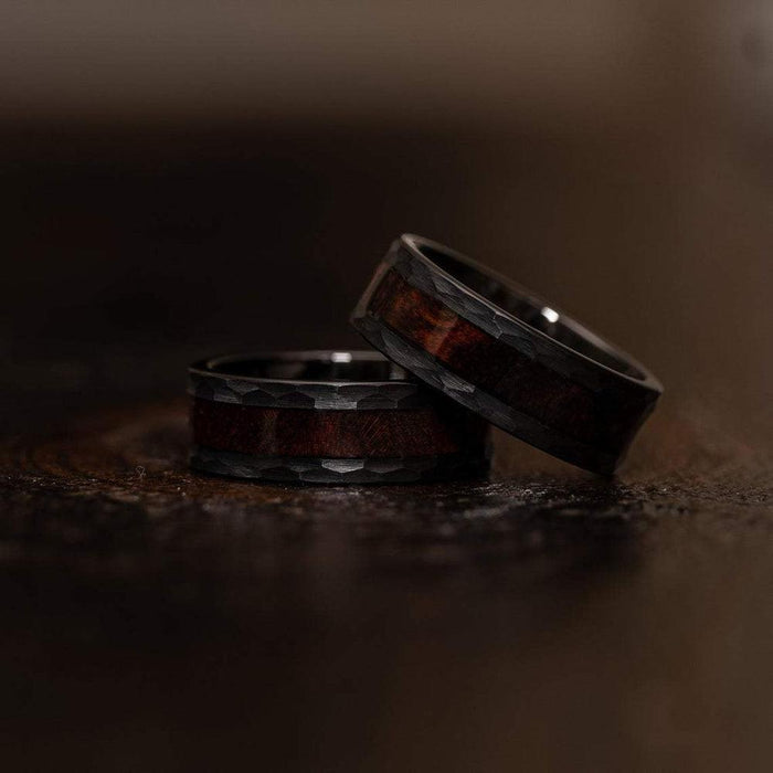 "Zeus" Hammered Tungsten Carbide Ring- Black with Snake Wood-Rings By Lux