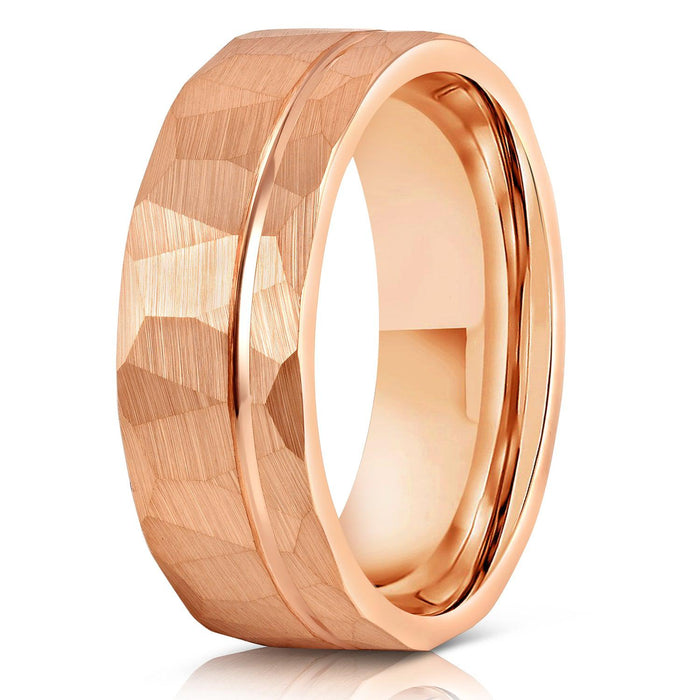 "Zeus" Hammered Tungsten Carbide Ring- Flat with Rose Gold Strip- 6mm/8mm