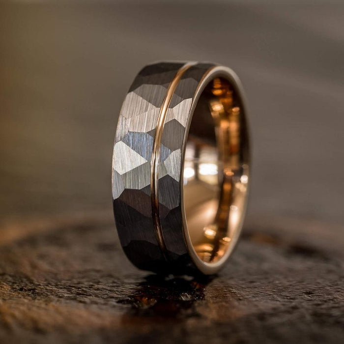 "Zeus" Hammered Tungsten Carbide Ring- White Gold w/ Rose Gold Strip- 6mm/8mm-Rings By Lux