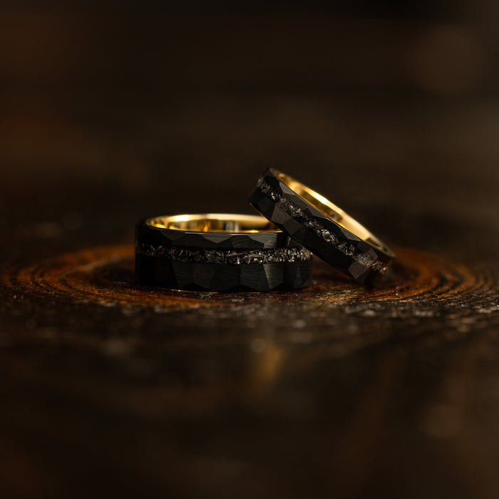 "Zeus" Hammered Tungsten Carbide Ring- Womens Black X Yellow Gold w/ Meteorite- 5mm
