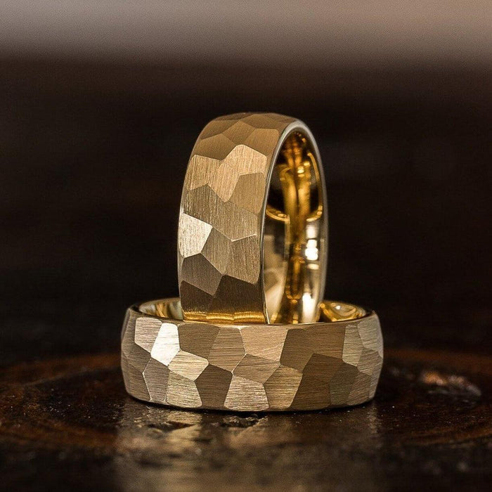 "Zeus" Hammered Tungsten Carbide Ring- Yellow Gold Plate- 8mm-Rings By Lux