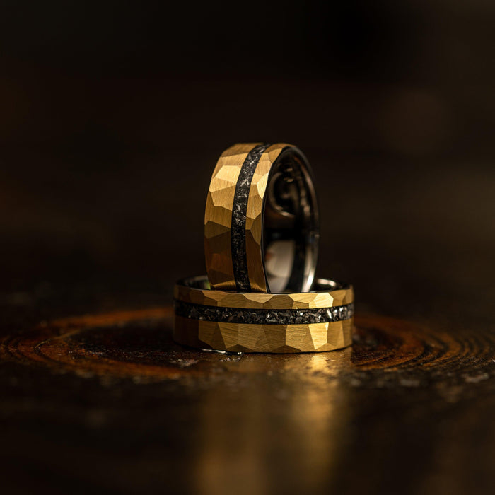 "Zeus" Hammered Tungsten Carbide Ring- Yellow Gold w/ Meteorite- 8mm