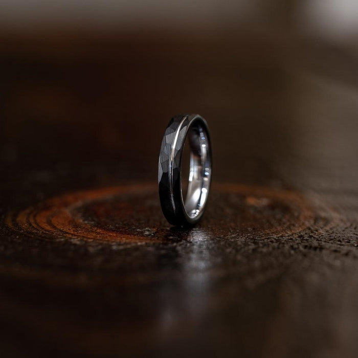 "Zeus" Womens Hammered Tungsten Carbide Ring- Black w/ White Gold Strip- 4mm-Rings By Lux