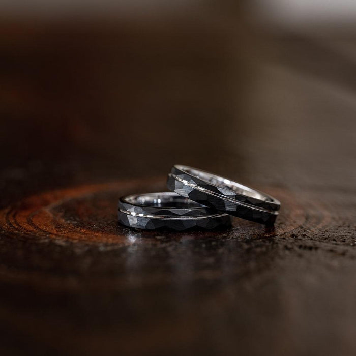 "Zeus" Womens Hammered Tungsten Carbide Ring- Black w/ White Gold Strip- 4mm-Rings By Lux