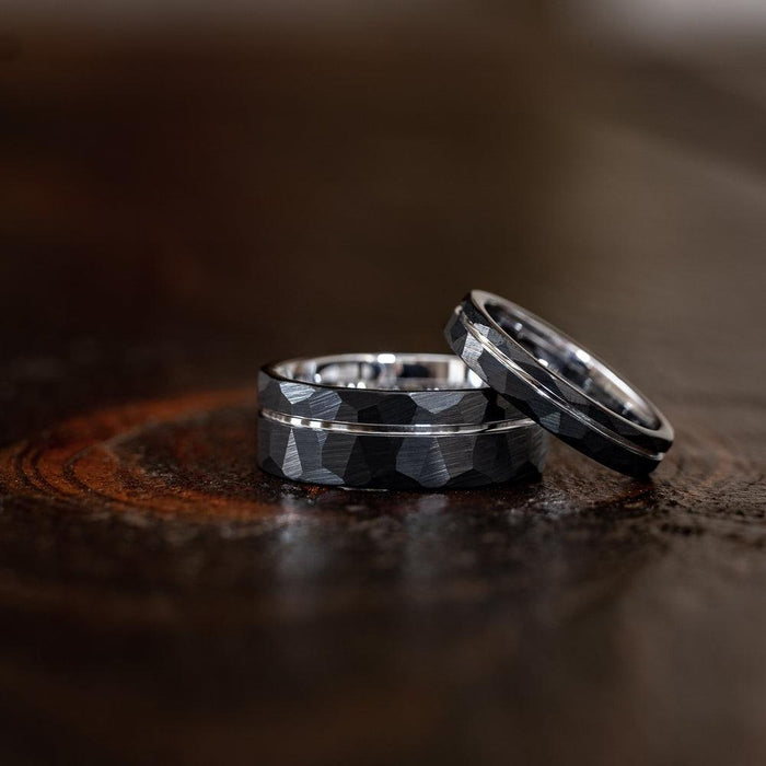"Zeus" Womens Hammered Tungsten Carbide Ring- Black w/ White Gold Strip- 4mm-Rings By Lux
