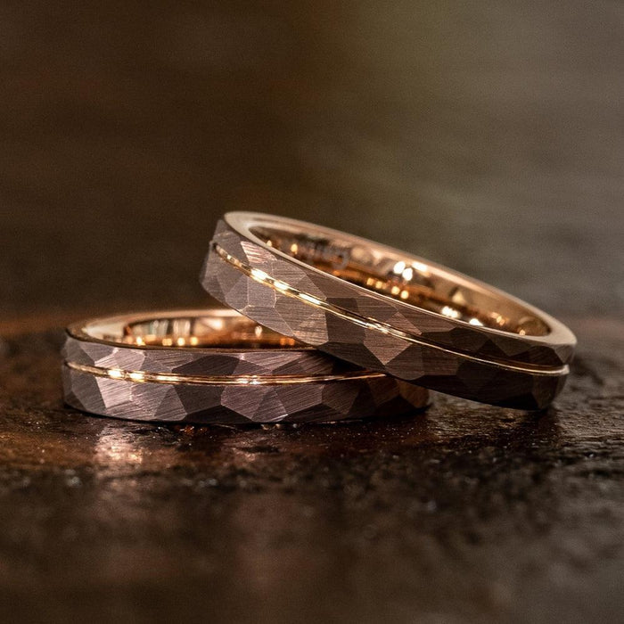 "Zeus" Womens Hammered Tungsten Carbide Ring- Chocolate w/ Rose Gold Strip- 4mm-Rings By Lux
